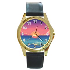 Sunset Ocean Beach Water Tropical Island Vacation 2 Round Gold Metal Watch by Pakemis