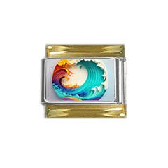 Tsunami Tidal Wave Wave Minimalist Ocean Sea 3 Gold Trim Italian Charm (9mm) by Pakemis