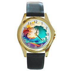 Tsunami Tidal Wave Wave Minimalist Ocean Sea 3 Round Gold Metal Watch by Pakemis