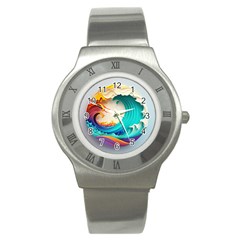 Tsunami Tidal Wave Wave Minimalist Ocean Sea 3 Stainless Steel Watch by Pakemis