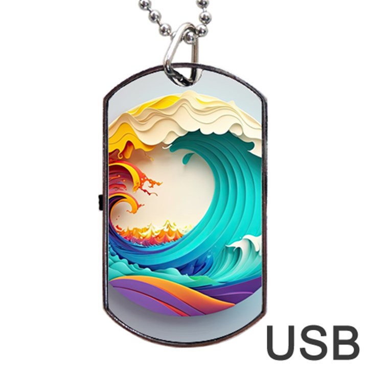 Tsunami Tidal Wave Wave Minimalist Ocean Sea 3 Dog Tag USB Flash (Two Sides)