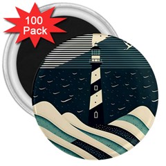 Lighthouse Abstract Ocean Sea Waves Water Blue 3  Magnets (100 Pack) by Pakemis