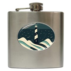 Lighthouse Abstract Ocean Sea Waves Water Blue Hip Flask (6 Oz) by Pakemis