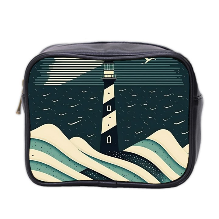 Lighthouse Abstract Ocean Sea Waves Water Blue Mini Toiletries Bag (Two Sides)