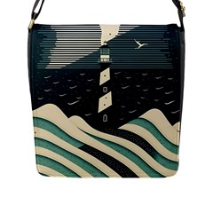 Lighthouse Abstract Ocean Sea Waves Water Blue Flap Closure Messenger Bag (l) by Pakemis