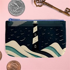 Lighthouse Abstract Ocean Sea Waves Water Blue Large Coin Purse by Pakemis