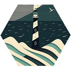 Lighthouse Abstract Ocean Sea Waves Water Blue Wooden Puzzle Hexagon by Pakemis