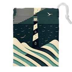 Lighthouse Abstract Ocean Sea Waves Water Blue Drawstring Pouch (4xl) by Pakemis