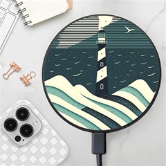 Lighthouse Abstract Ocean Sea Waves Water Blue Wireless Fast Charger(black) by Pakemis