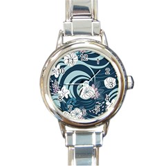 Flowers Pattern Floral Ocean Abstract Digital Art Round Italian Charm Watch by Pakemis