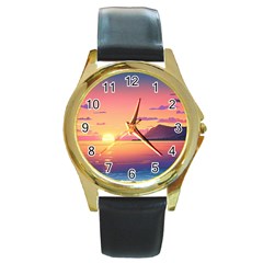 Sunset Ocean Beach Water Tropical Island Vacation 3 Round Gold Metal Watch by Pakemis