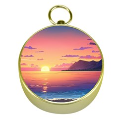 Sunset Ocean Beach Water Tropical Island Vacation 3 Gold Compasses by Pakemis