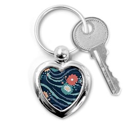 Waves Flowers Pattern Water Floral Minimalist Key Chain (heart) by Pakemis