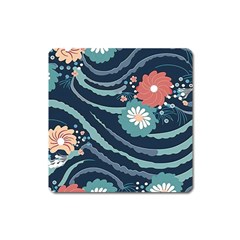 Waves Flowers Pattern Water Floral Minimalist Square Magnet by Pakemis