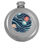 Waves Flowers Pattern Water Floral Minimalist Round Hip Flask (5 oz) Front