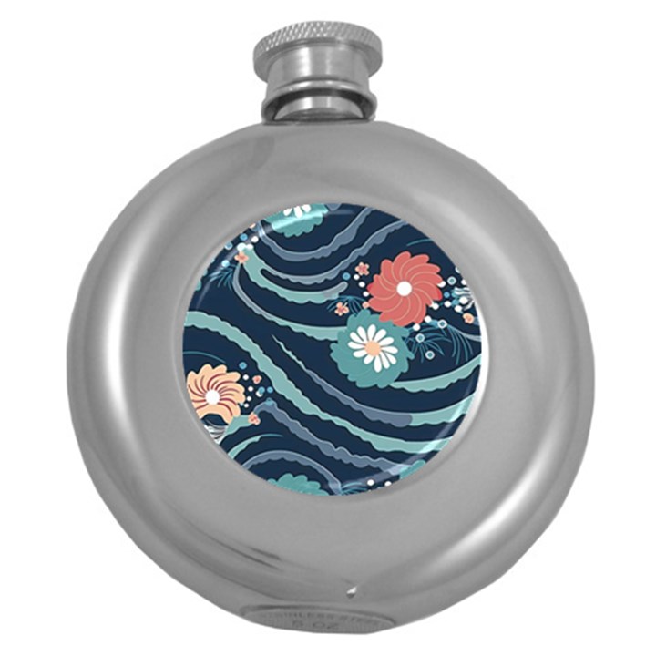 Waves Flowers Pattern Water Floral Minimalist Round Hip Flask (5 oz)