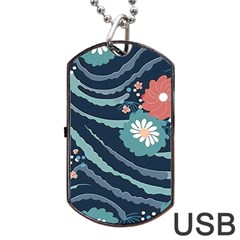 Waves Flowers Pattern Water Floral Minimalist Dog Tag Usb Flash (one Side) by Pakemis