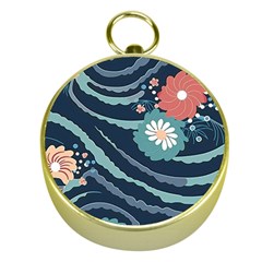 Waves Flowers Pattern Water Floral Minimalist Gold Compasses by Pakemis