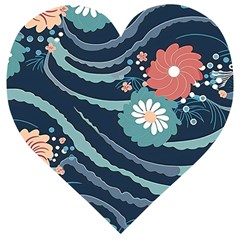 Waves Flowers Pattern Water Floral Minimalist Wooden Puzzle Heart by Pakemis