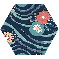 Waves Flowers Pattern Water Floral Minimalist Wooden Puzzle Hexagon by Pakemis