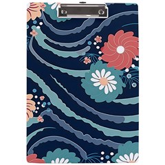 Waves Flowers Pattern Water Floral Minimalist A4 Acrylic Clipboard by Pakemis