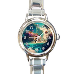 Tropical Island Fantasy Landscape Palm Trees Ocean Round Italian Charm Watch by Pakemis