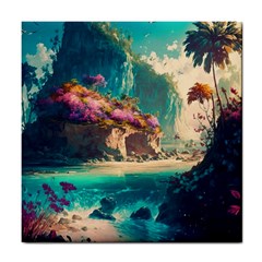 Tropical Island Fantasy Landscape Palm Trees Ocean Tile Coaster by Pakemis