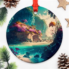 Tropical Island Fantasy Landscape Palm Trees Ocean Ornament (round) by Pakemis