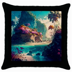 Tropical Island Fantasy Landscape Palm Trees Ocean Throw Pillow Case (black) by Pakemis