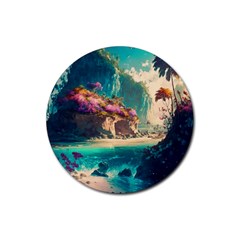 Tropical Island Fantasy Landscape Palm Trees Ocean Rubber Coaster (round) by Pakemis