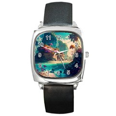 Tropical Island Fantasy Landscape Palm Trees Ocean Square Metal Watch by Pakemis