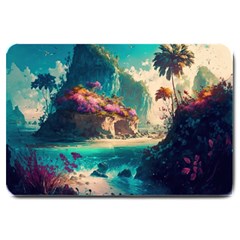 Tropical Island Fantasy Landscape Palm Trees Ocean Large Doormat by Pakemis