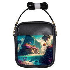 Tropical Island Fantasy Landscape Palm Trees Ocean Girls Sling Bag by Pakemis