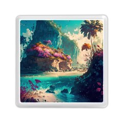 Tropical Island Fantasy Landscape Palm Trees Ocean Memory Card Reader (square) by Pakemis