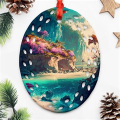 Tropical Island Fantasy Landscape Palm Trees Ocean Ornament (oval Filigree) by Pakemis