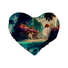 Tropical Island Fantasy Landscape Palm Trees Ocean Standard 16  Premium Heart Shape Cushions by Pakemis