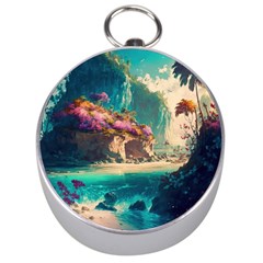 Tropical Island Fantasy Landscape Palm Trees Ocean Silver Compasses by Pakemis