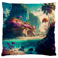 Tropical Island Fantasy Landscape Palm Trees Ocean Standard Premium Plush Fleece Cushion Case (one Side) by Pakemis