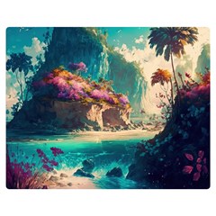 Tropical Island Fantasy Landscape Palm Trees Ocean Premium Plush Fleece Blanket (medium) by Pakemis