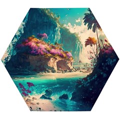 Tropical Island Fantasy Landscape Palm Trees Ocean Wooden Puzzle Hexagon by Pakemis