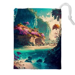 Tropical Island Fantasy Landscape Palm Trees Ocean Drawstring Pouch (5xl) by Pakemis