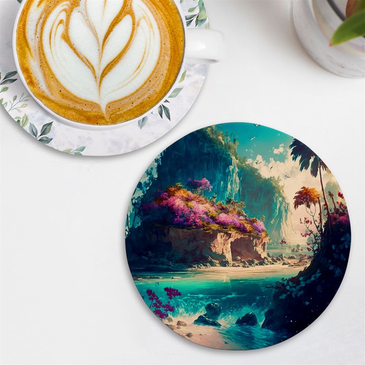 Tropical Island Fantasy Landscape Palm Trees Ocean UV Print Round Tile Coaster