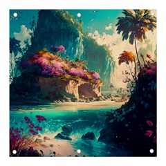 Tropical Island Fantasy Landscape Palm Trees Ocean Banner And Sign 3  X 3  by Pakemis