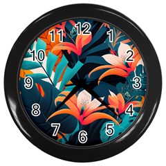 Tropical Flowers Floral Floral Pattern Patterns Wall Clock (black) by Pakemis