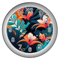 Tropical Flowers Floral Floral Pattern Patterns Wall Clock (silver) by Pakemis