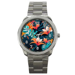 Tropical Flowers Floral Floral Pattern Patterns Sport Metal Watch by Pakemis