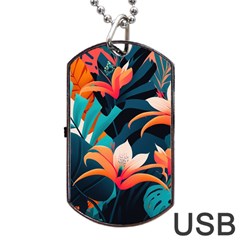 Tropical Flowers Floral Floral Pattern Patterns Dog Tag Usb Flash (one Side) by Pakemis