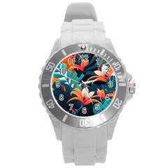 Tropical Flowers Floral Floral Pattern Patterns Round Plastic Sport Watch (l) by Pakemis