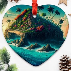 Tropical Island Paradise Ocean Sea Palm Trees Ornament (heart) by Pakemis