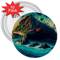 Tropical Island Paradise Ocean Sea Palm Trees 3  Buttons (10 Pack)  by Pakemis